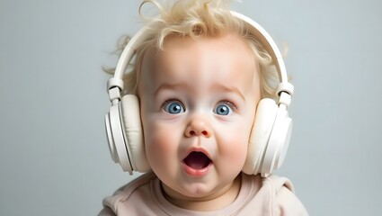 Baby wearing headphones listening to music adorable kid surprised expression