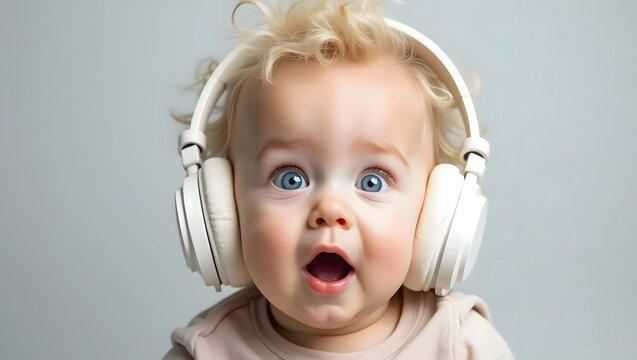 Baby wearing headphones listening to music adorable kid surprised expression