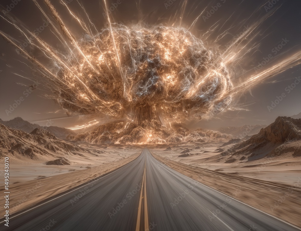 Poster a devastating nuclear bomb explosion featuring a mushroom cloud occurred in the desert during a hydr