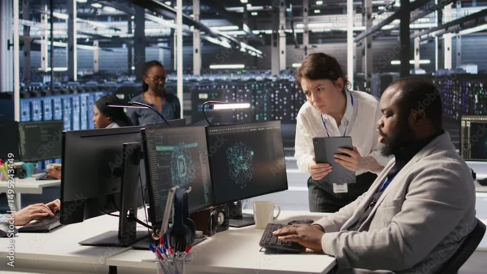 Poster server room manager supervise technician examining deep learning algorithms. data center team leader