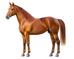 Fototapeta premium Chestnut horse, standing alone, full body, isolated on white backdrop, HD clarity.