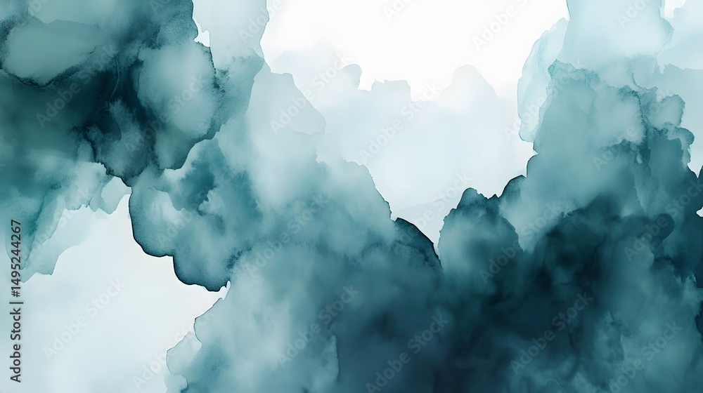 Poster dynamic abstract design created using teal and light blue watercolor paint, featuring a variety of s