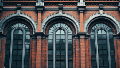 Three arched windows on a brick building facade.  Detailed ornate trim surrounds each window