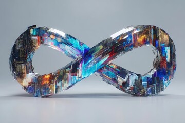 An isolated white background provides the canvas for a neurodiversity symbol, depicted as a transparent glass shape, alongside an infinity sign resplendent in a multitude of colors