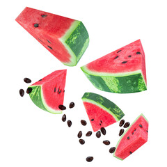  Levitating Watermelon triangle slices isolated on white. Watermelon explocion. Flying   watermelon fruit pieces with seeds. Pattern. Summer Creative layout.