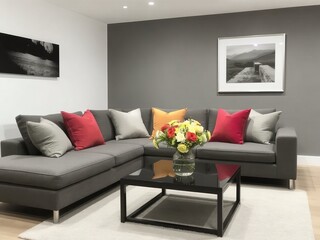 Naklejka premium A living room featuring a gray sectional sofa with colorful pillows and a black coffee table with flowers