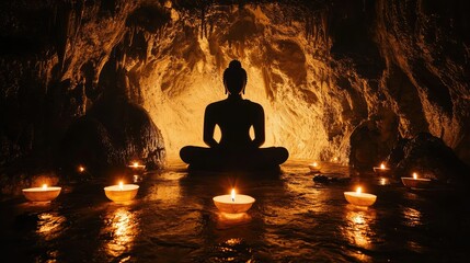 The silhouette of Buddha in lotus position surrounded by soft candlelight, meditating in a quiet, dark cave as shadows dance across the walls.