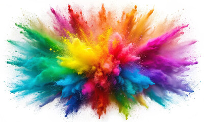 Rainbow dust powder explosion transparent PNG, isolated background. Dynamic blast eruption, vibrant colorful effect, party, celebration, festival, color run element.