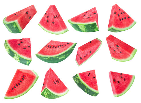 Flying Watermelon triangle slices with seeds isolated on white. Falling  juicy Watermelon frut pieces. Collection. Pattern. Real photo