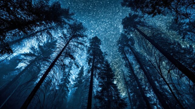 Looking Up at Starry Sky Through Tall Trees in Forest at Night, Representing Exploration and Environmental Awareness for Travel and Tourism : Generative AI - Powered by Adobe