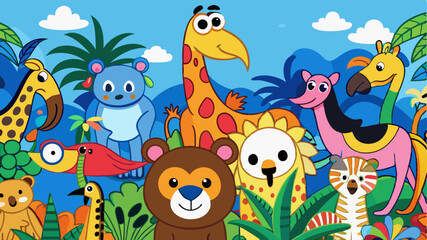 Wildlife Celebration: A vibrant and joyful illustration featuring a delightful assembly of diverse cartoon animals, brought to life with vivid colors and charming expressions.