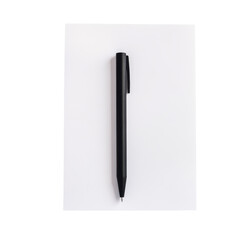 Black pen resting on a blank sheet of paper, ideal for writing notes, sketches, or creative ideas in a minimalistic setting. on transparent background