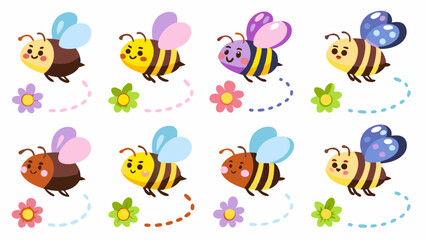 Fototapeta premium Whimsical Bee Gathering: A lively group of charming bees, each adorned with unique wings and joyful expressions, flits playfully around cheerful blossoms. Capturing the bright, lively.