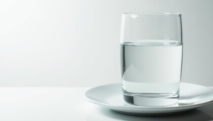 Close-up of empty plate and glass of water on white , plate, unblemished