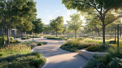 Serene urban park landscape with winding paths and lush greenery basking in sunlight