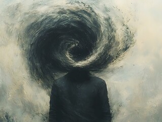 Faceless figure with a swirling vortex in place of their head