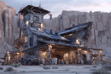 Fototapeta premium At sunset, a classic old western town comes alive with its wooden buildings and a dusty street