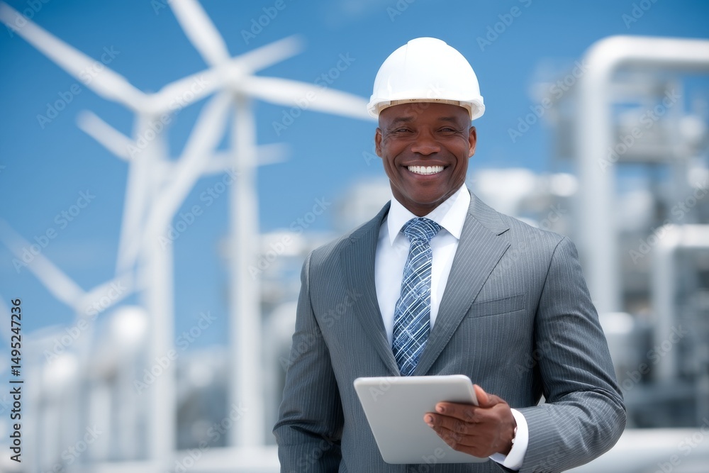 Poster an engineer who is black is standing in front of a gas plant with a tablet computer