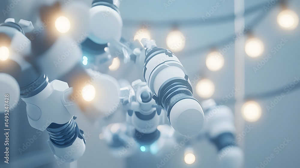 Poster abstract digital rendering of interconnected mechanical parts in a soft light setting.