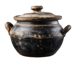 Artisan black pottery cooking pot with lid for kitchen use on a transparent background, cut out