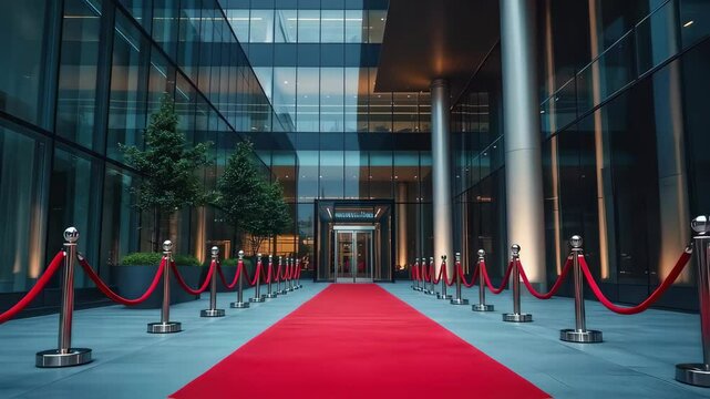 Red carpet entrance at modern building welcomes guests to an event