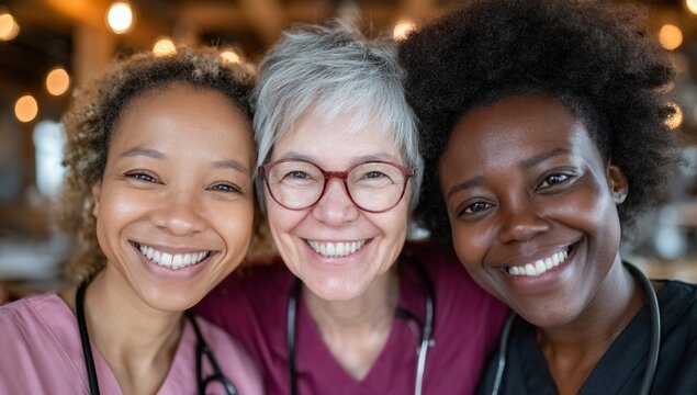 Commemorating International Women's Day alongside multiracial female midwives in healthcare, advocating for diversity, equity, and inclusion