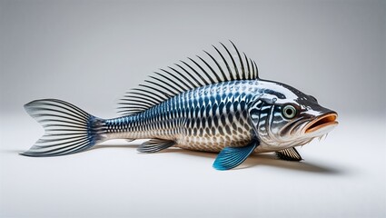African lungfish resting with long pectoral fins extended on clean white background
