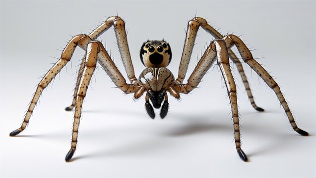 Amblypygid whip spider with long legs and flat body fully spread on white background
