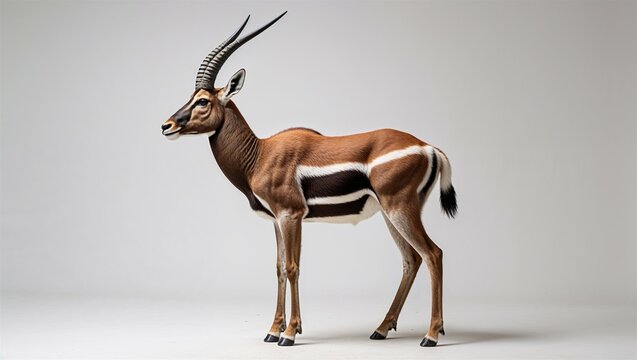 Antelope in alert standing pose with aligned horns and visible tail on white background
