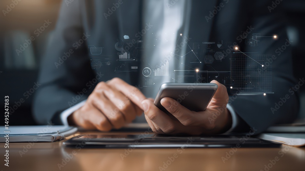 Poster professional man in suit using smartphone with digital data graphics in office environment, business