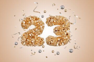 A decorative birthday card showcases the number 23 surrounded by beige confetti and shiny balloons. The warm tones create a cheerful atmosphere perfect for celebrations