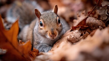 Fototapeta premium Eastern Gray Squirrel Surrounded by Autumn Leaves, Representing Wildlife Conservation and Seasonal Beauty : Generative AI