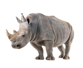 Obraz premium Rhinoceros wearing a party hat for a festive celebration on a transparent background, cut out