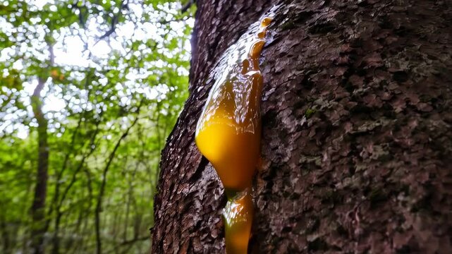 Golden resin dripping down the bark of a tree in a lush green forest setting with filtered sunlight shining through the leaves providing a natural effect.