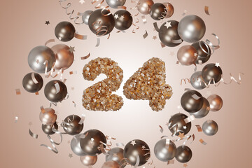 This birthday card displays the number 24 in a glittery finish, encircled by elegant beige and metallic balloons, and adorned with festive confetti and streamers, perfect for a joyful celebration