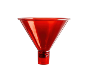 Red funnel for kitchen and workshop use in diverse applications on a transparent background, cut out