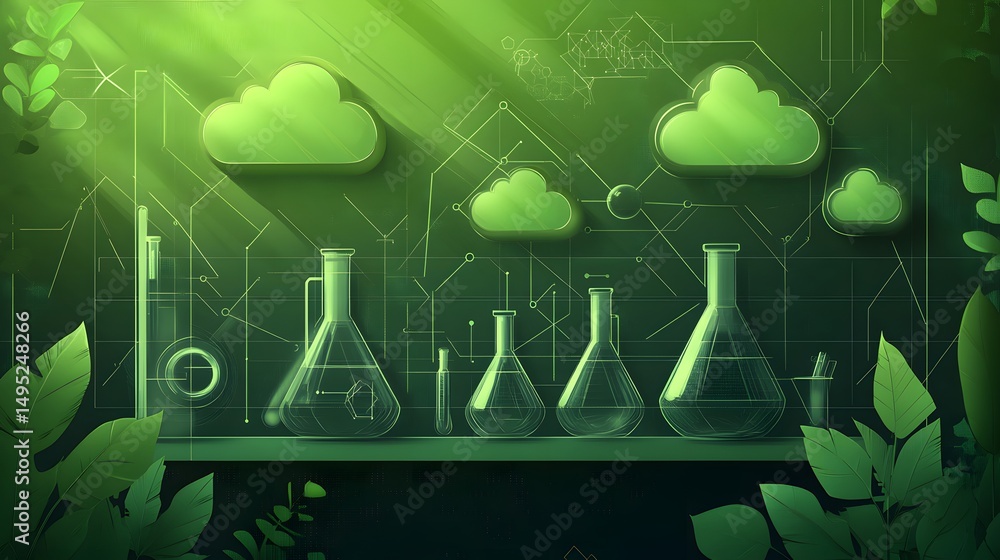 Poster verdant laboratory setting with digital clouds and glassware.