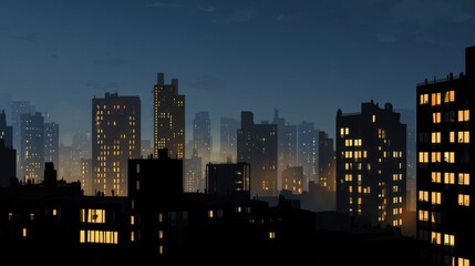 Fototapeta premium Flat 2D City Skyline at Night with Glowing Windows in Urban Scene