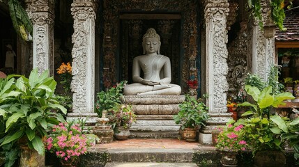 Fototapeta premium The stone Buddha sculpture stands peacefully between the ornate stone pillars, with plants and flowers placed around it, creating a serene and sacred entrance to the temple.
