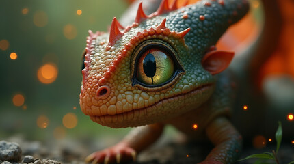 Obraz premium Extreme close-up of a baby dragon’s glimmering eye surrounded by tiny glowing fireflies, dreamy and enchanting children’s fantasy illustration