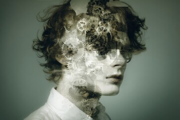 The man's head, covered in gears, embodies the notion of neurodiversity and mental issues