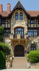 Stone mansion with gabled roof, balcony, and grand entrance.  Steps lead to large wooden door