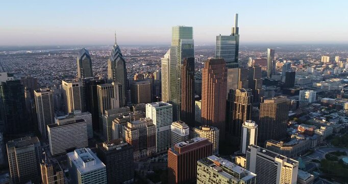 Philadelphia Cityscape Sunset Light in Background. Business District. 4k