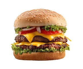 Delicious triple cheeseburger with fresh ingredients for gourmet meals on a transparent background, cut out