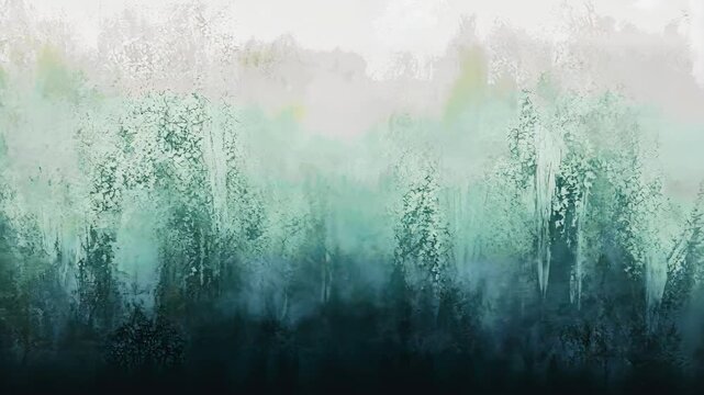abstract painting of forest trees, muted greens and blues, calm atmospheric landscape art