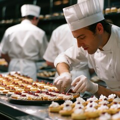 Pastry chef meticulously arranging desserts in a busy kitchen during a pastry preparation session