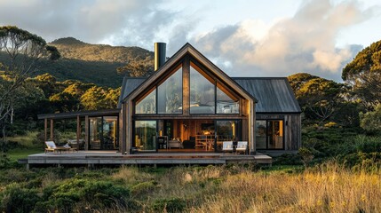 Obraz premium The stunning exterior of a Nordic-inspired wooden holiday home, with large windows offering breathtaking views of Wilson's Promontory National Park.