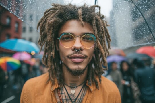 Vibrant sunglasses were worn by a black man who took part in the colorful pride parade