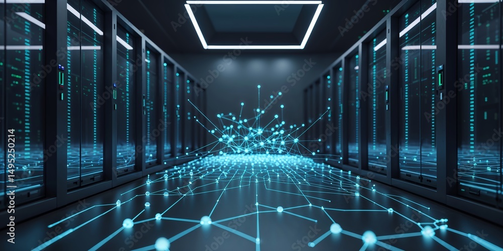 Aufkleber high-tech data center with glowing network connections and server racks at night