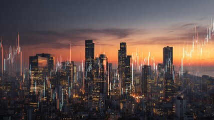 Obraz premium Futuristic financial graphs, stock market charts over a modern city skyline at sunset